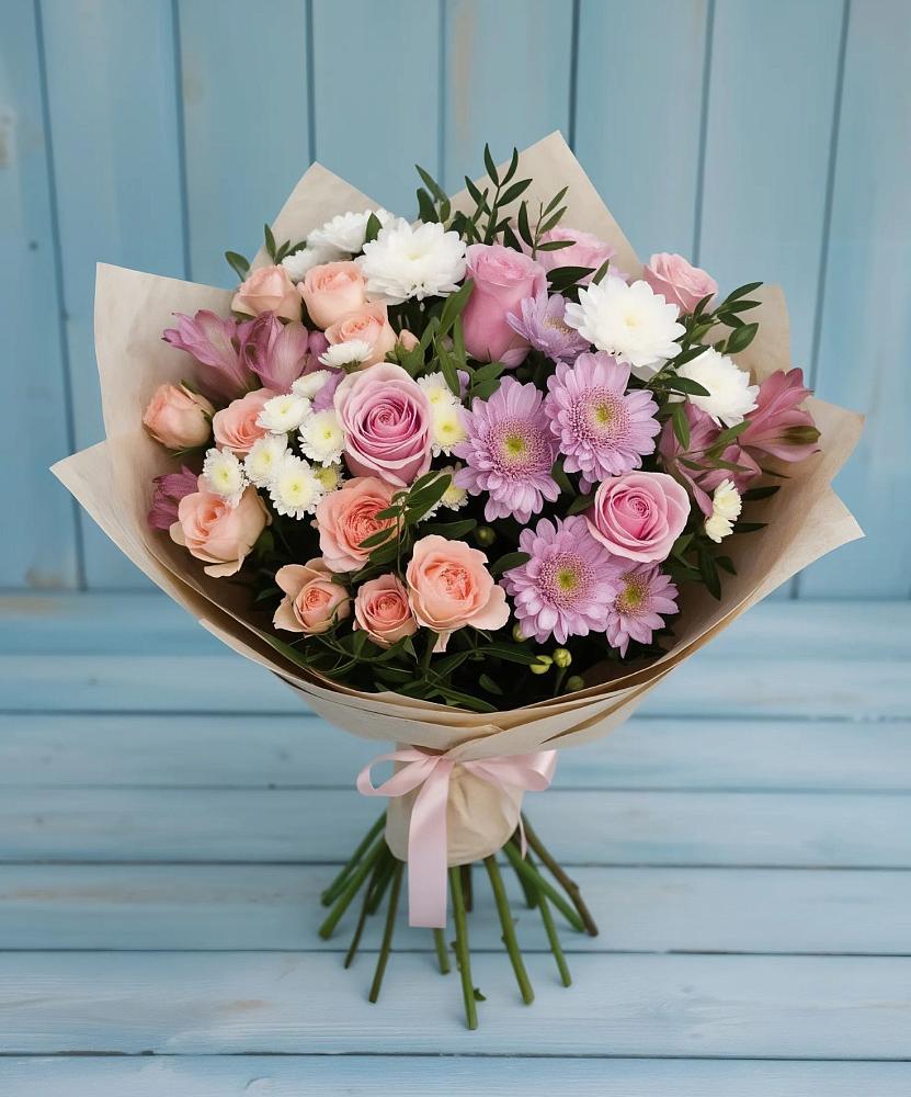 Букет цветов из: Хризантемы, Розы и Альстромерии в Белые Берега