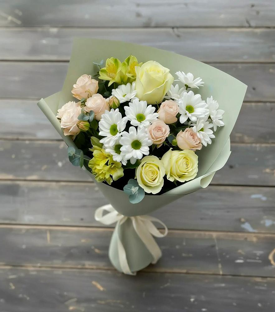 Букет цветов из: Альстромерии, Розы и Хризантемы в Белые Берега