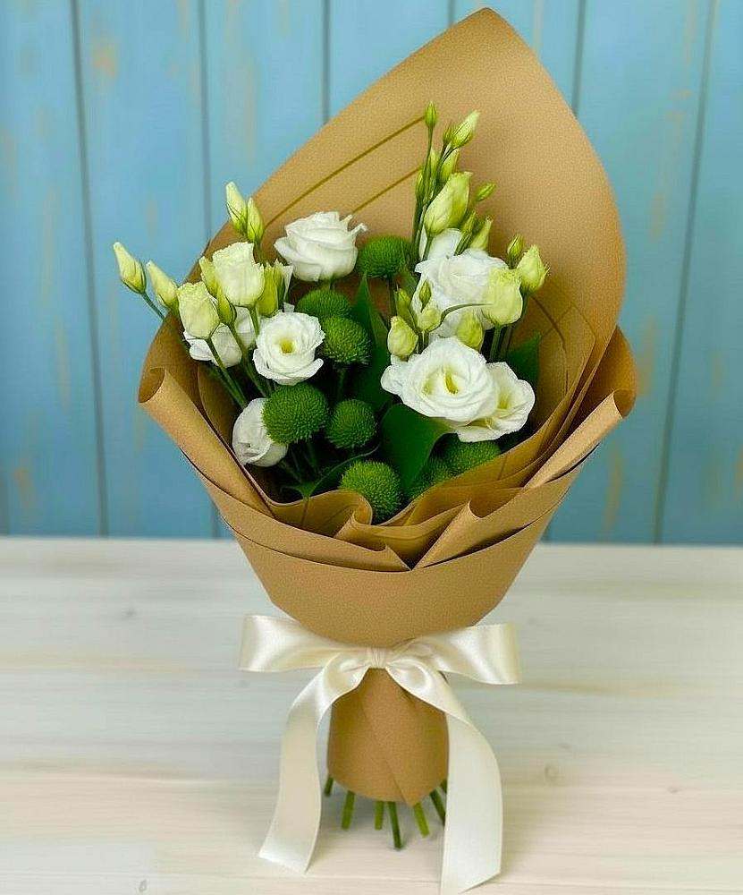 Букет цветов из: Хризантемы и Лизиантусы в Белые Берега