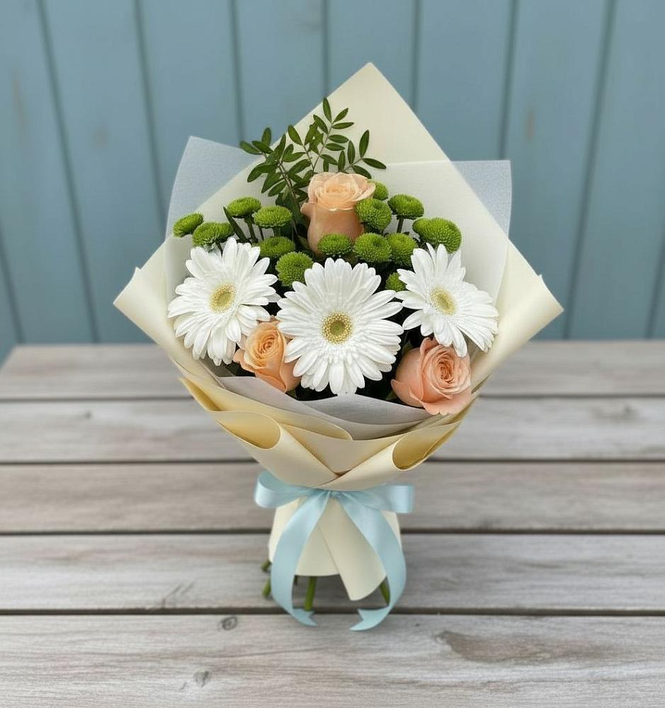 Букет цветов из: Герберы, Розы и Хризантемы в Белые Берега