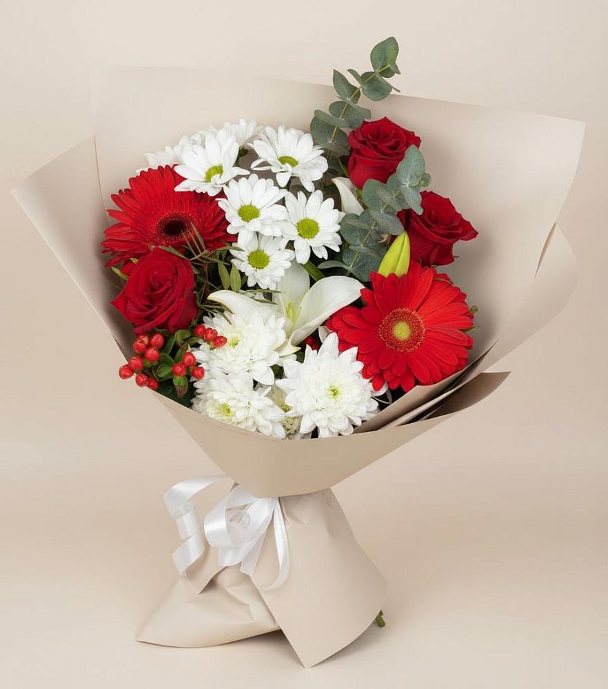 Букет цветов из: Розы, Хризантемы, Герберы и Лилии в Белые Берега