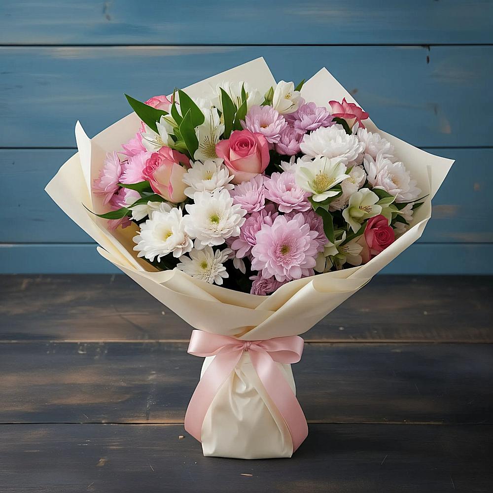 Букет цветов из: Хризантемы, Альстромерии и Розы в Белые Берега